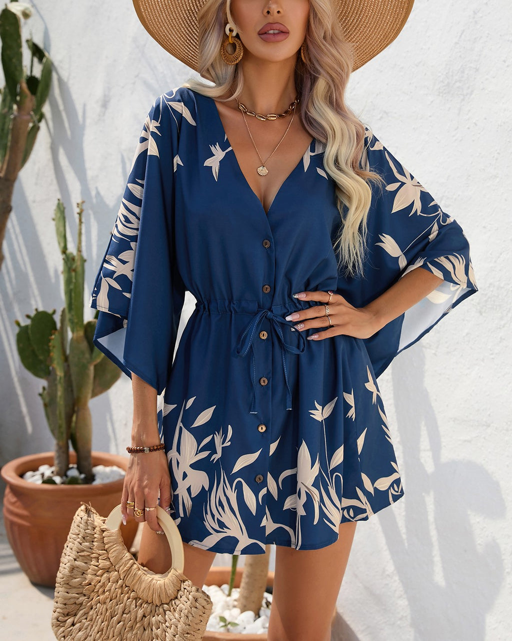 Kimono Sleeve Drawstring Waist Mini Dress - NavyBlue - 1