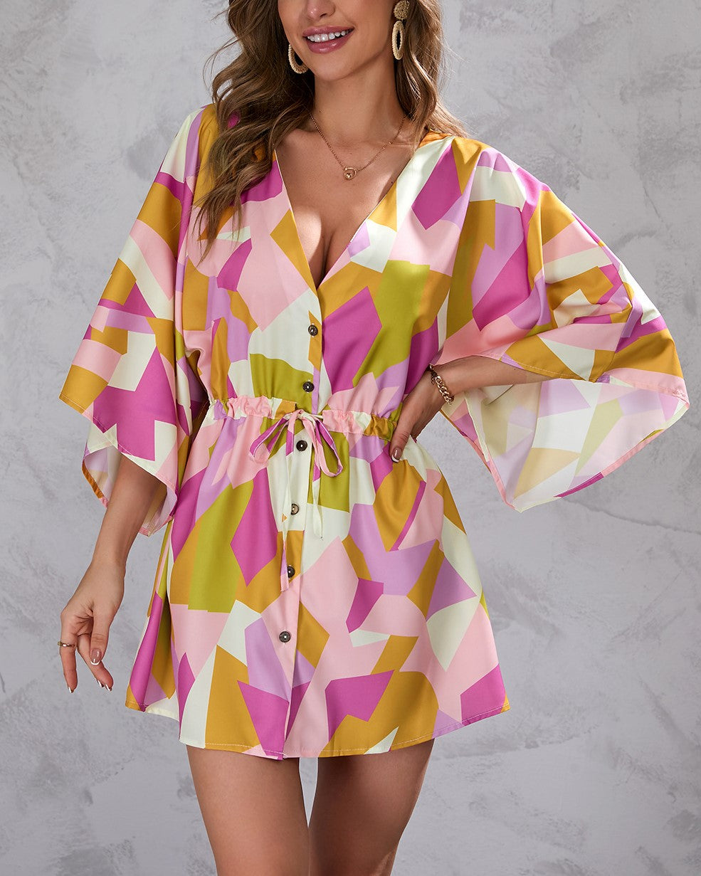 Kimono Sleeve Drawstring Waist Mini Dress - Pink - 1
