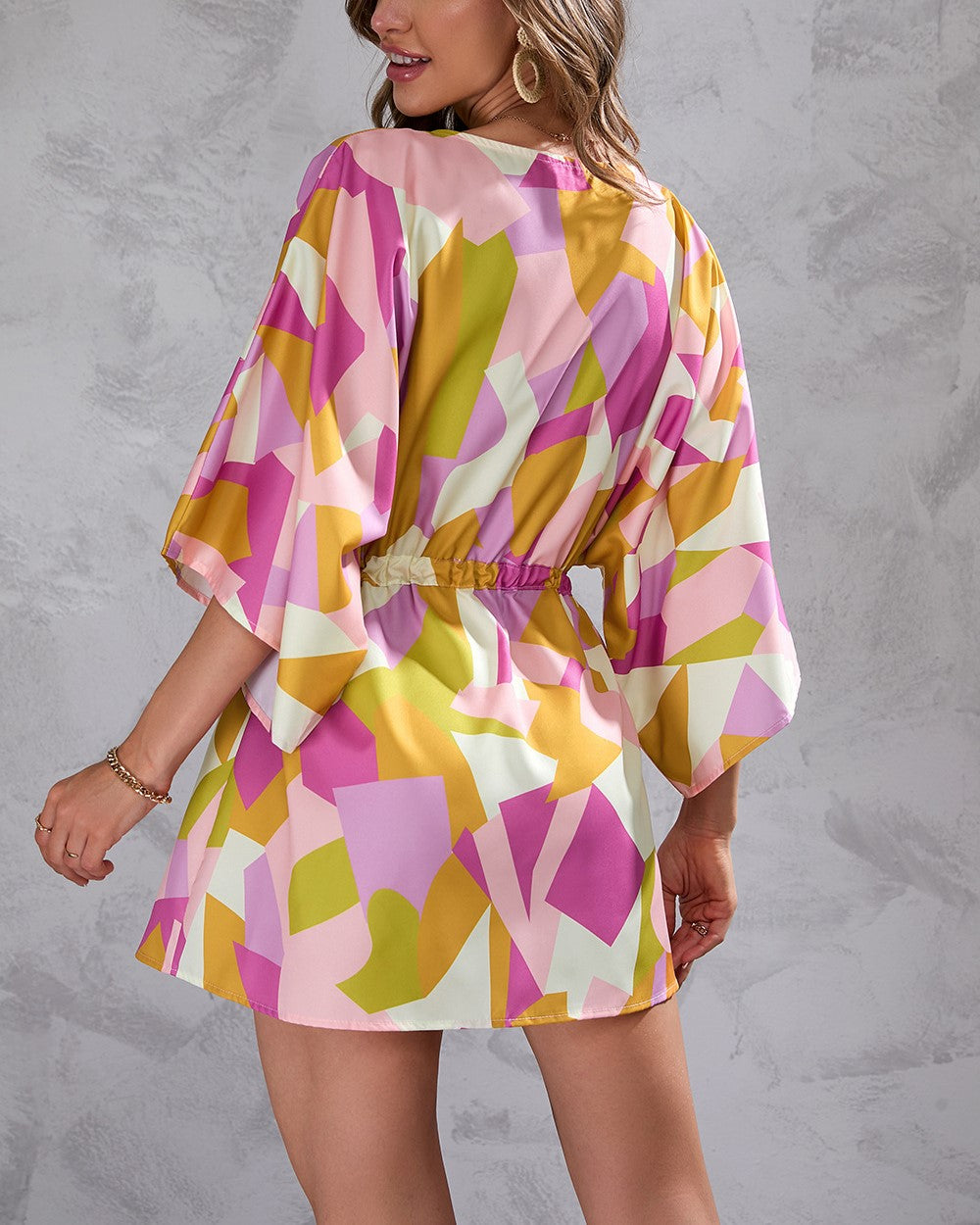 Kimono Sleeve Drawstring Waist Mini Dress - Pink - 2