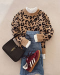 Fuzzy Leopard Print Crewneck Pullover Sweater - Leopard