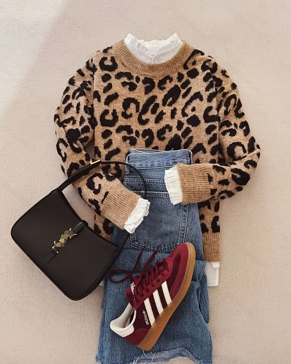 Fuzzy Leopard Print Crewneck Pullover Sweater - Leopard