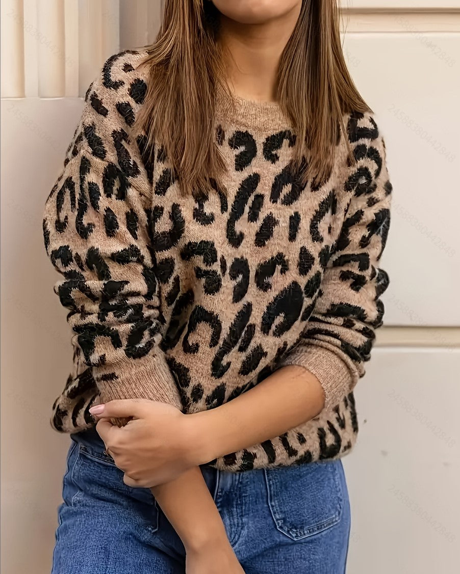 Fuzzy Leopard Print Crewneck Pullover Sweater - Leopard - 1