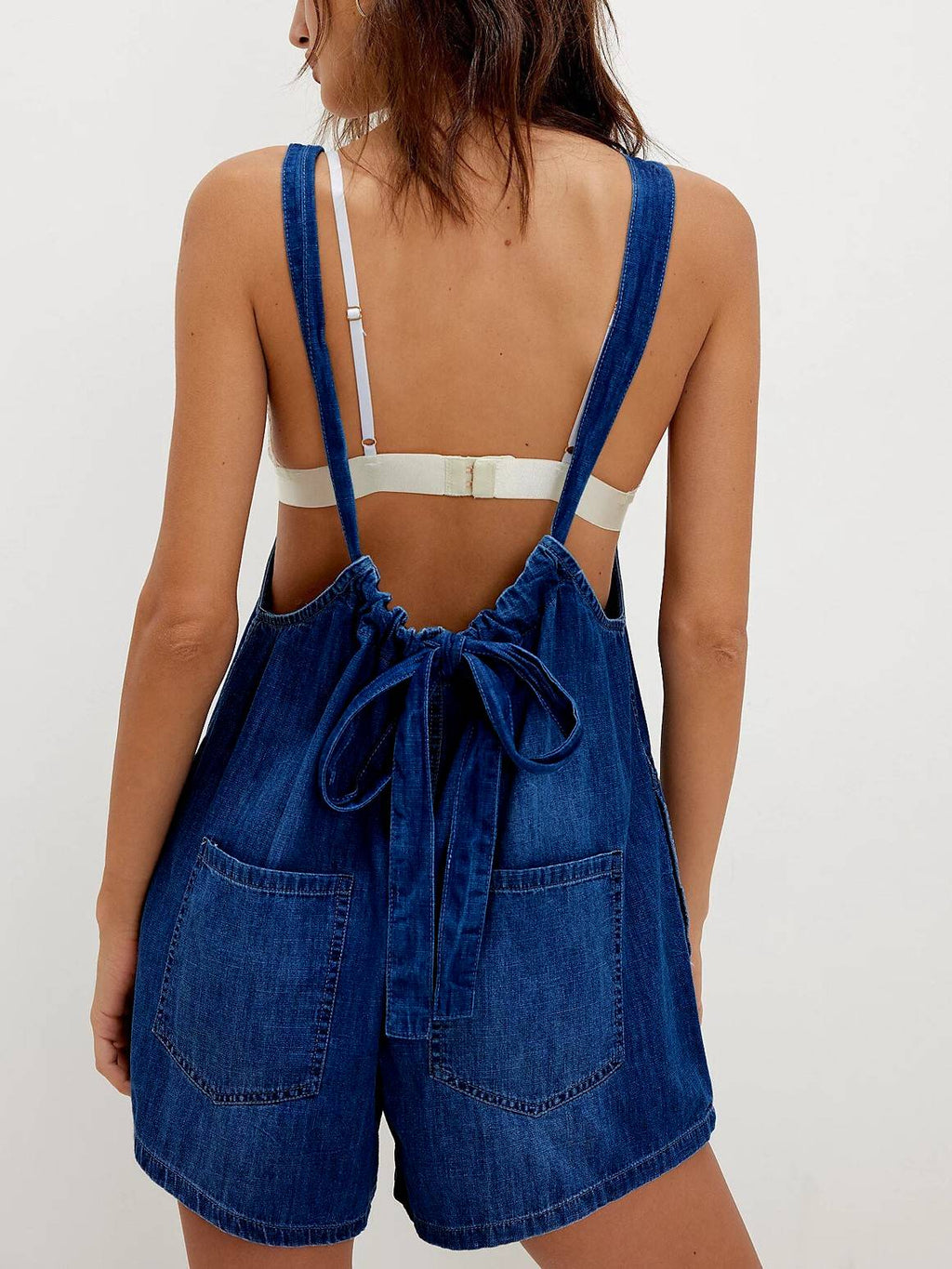 Tie Back Denim Overall Short Jumpsuit - DarkBlue