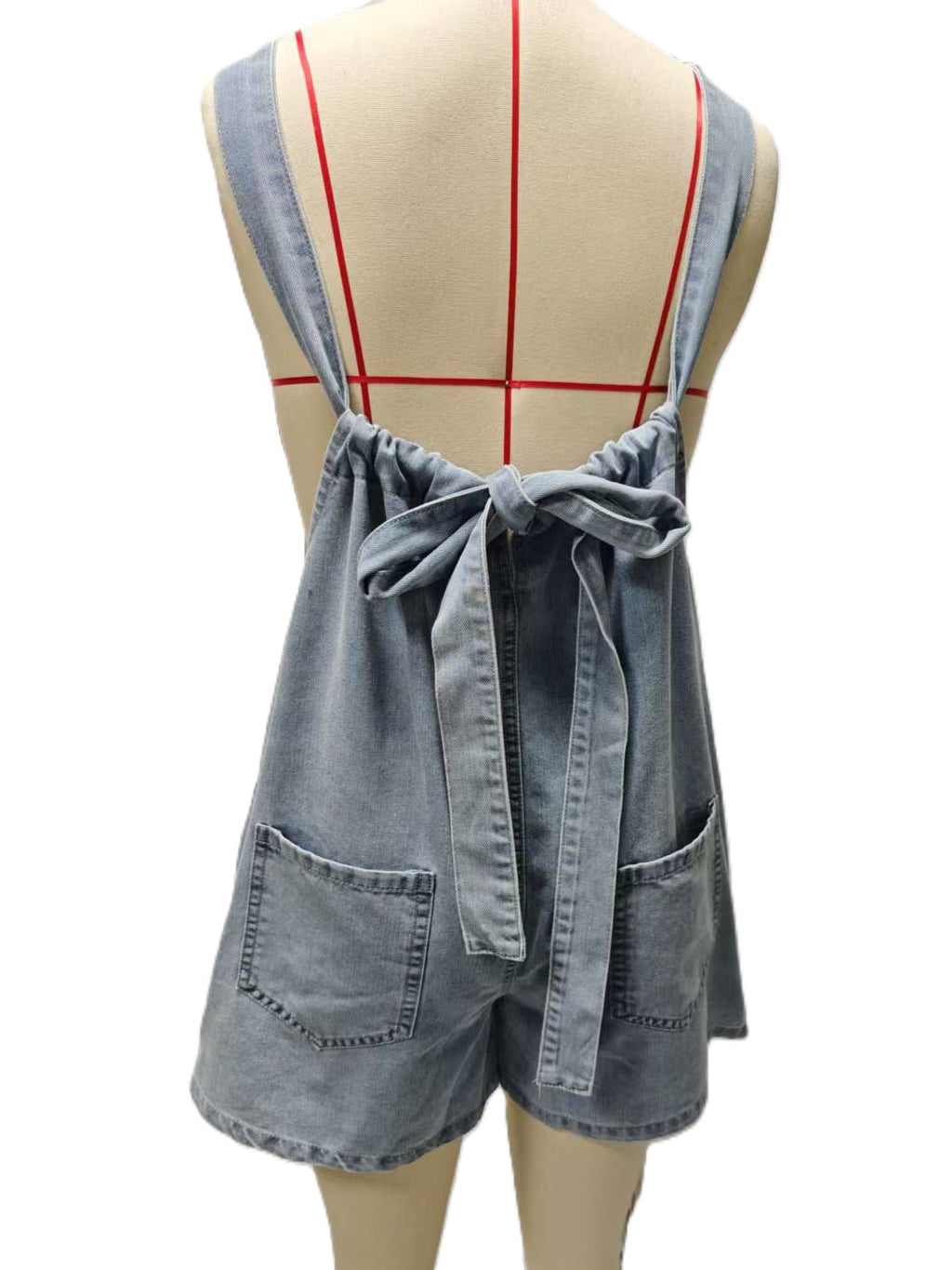 Tie Back Denim Overall Short Jumpsuit - LtBlue - 1
