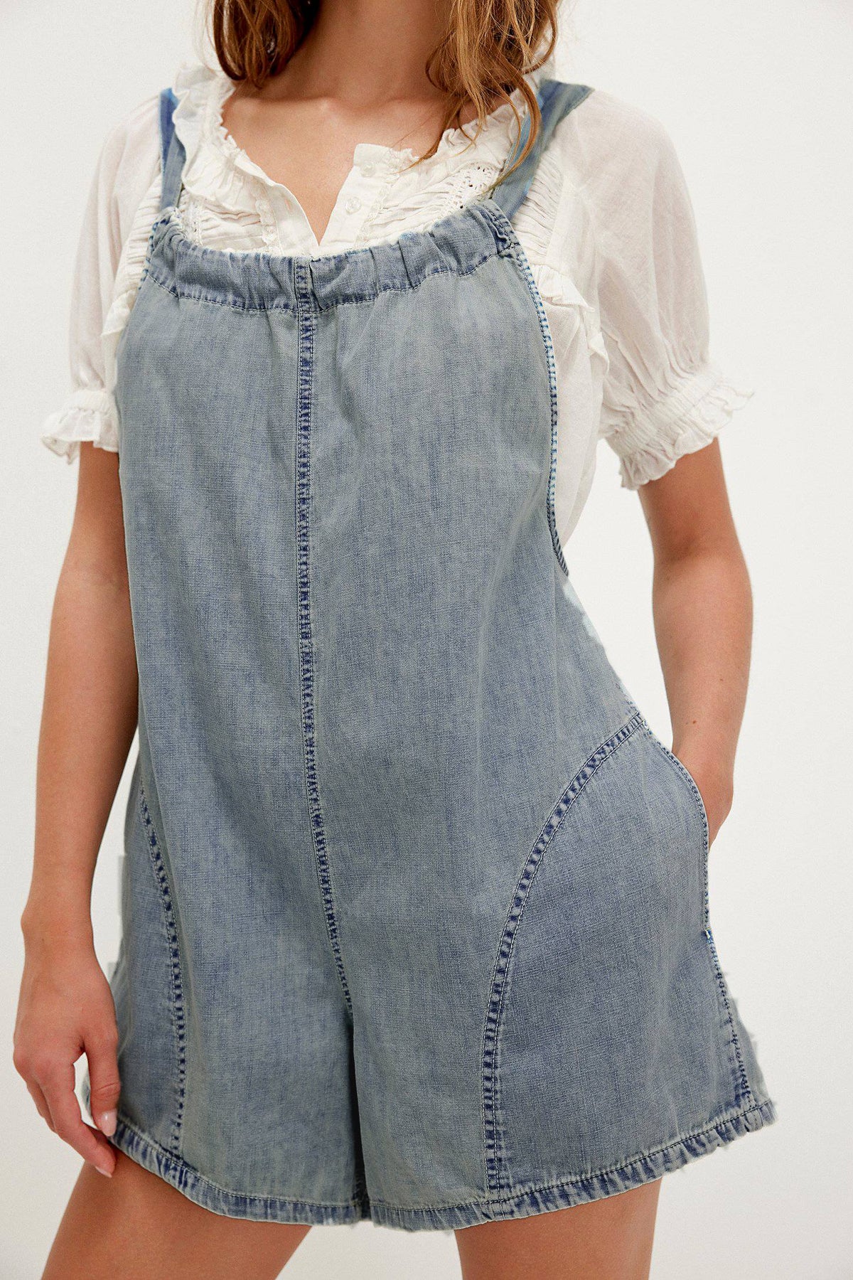Tie Back Denim Overall Short Jumpsuit - LtBlue - 2