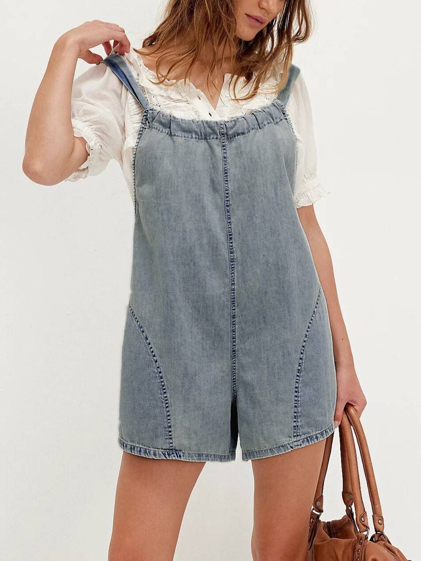 Tie Back Denim Overall Short Jumpsuit - LtBlue - 3