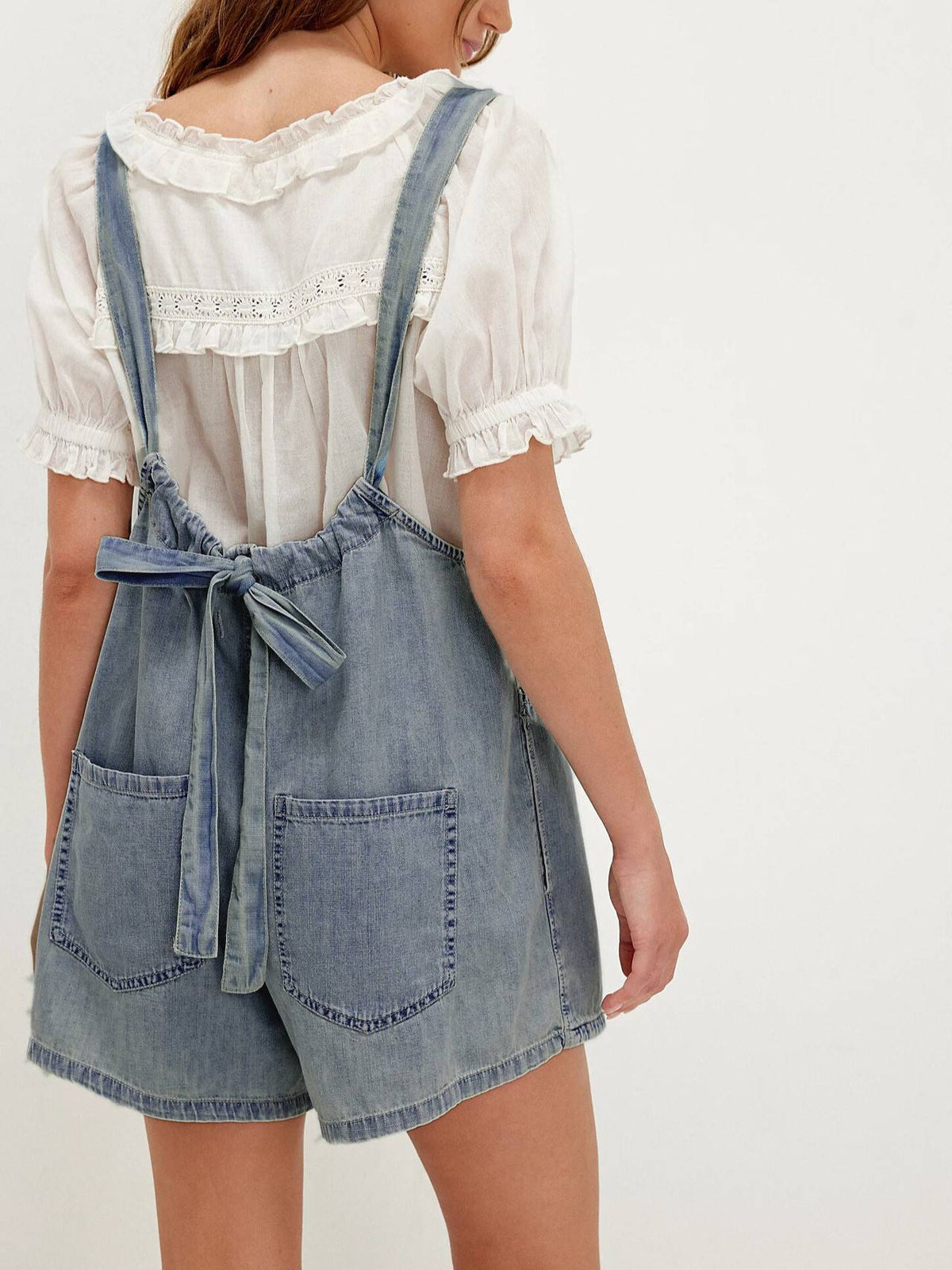 Tie Back Denim Overall Short Jumpsuit - LtBlue - 4