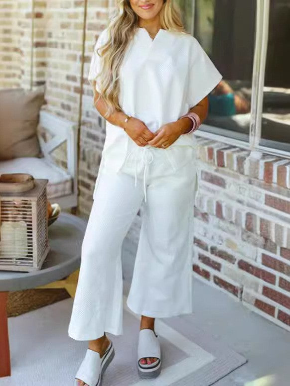 Textured V-Neck Top And Wide Leg Pants Set - White