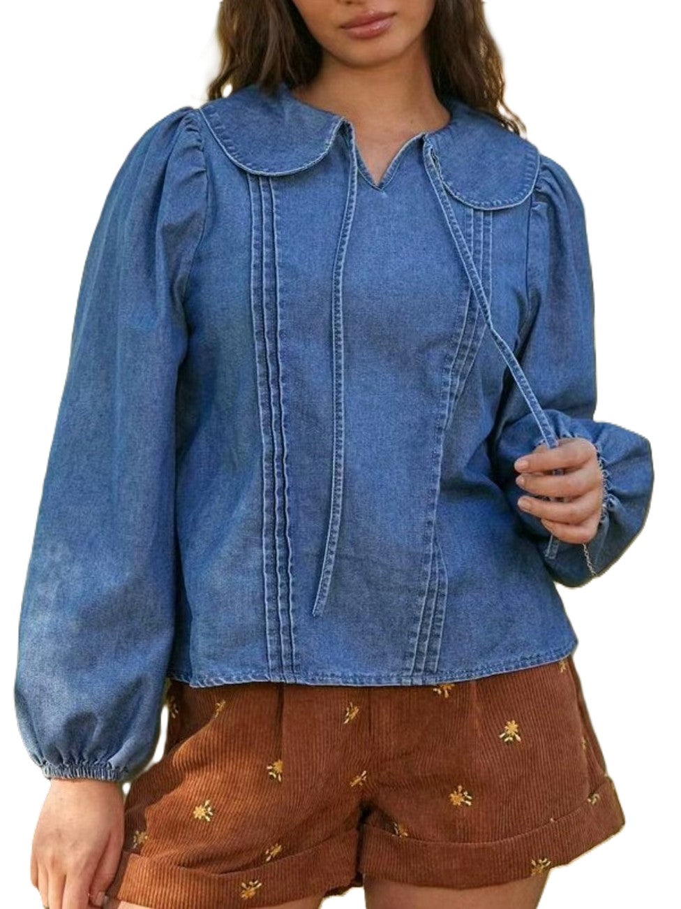 Denim Puff Sleeve Blouse With Pintucks - Blue