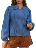 Denim Puff Sleeve Blouse With Pintucks - Blue