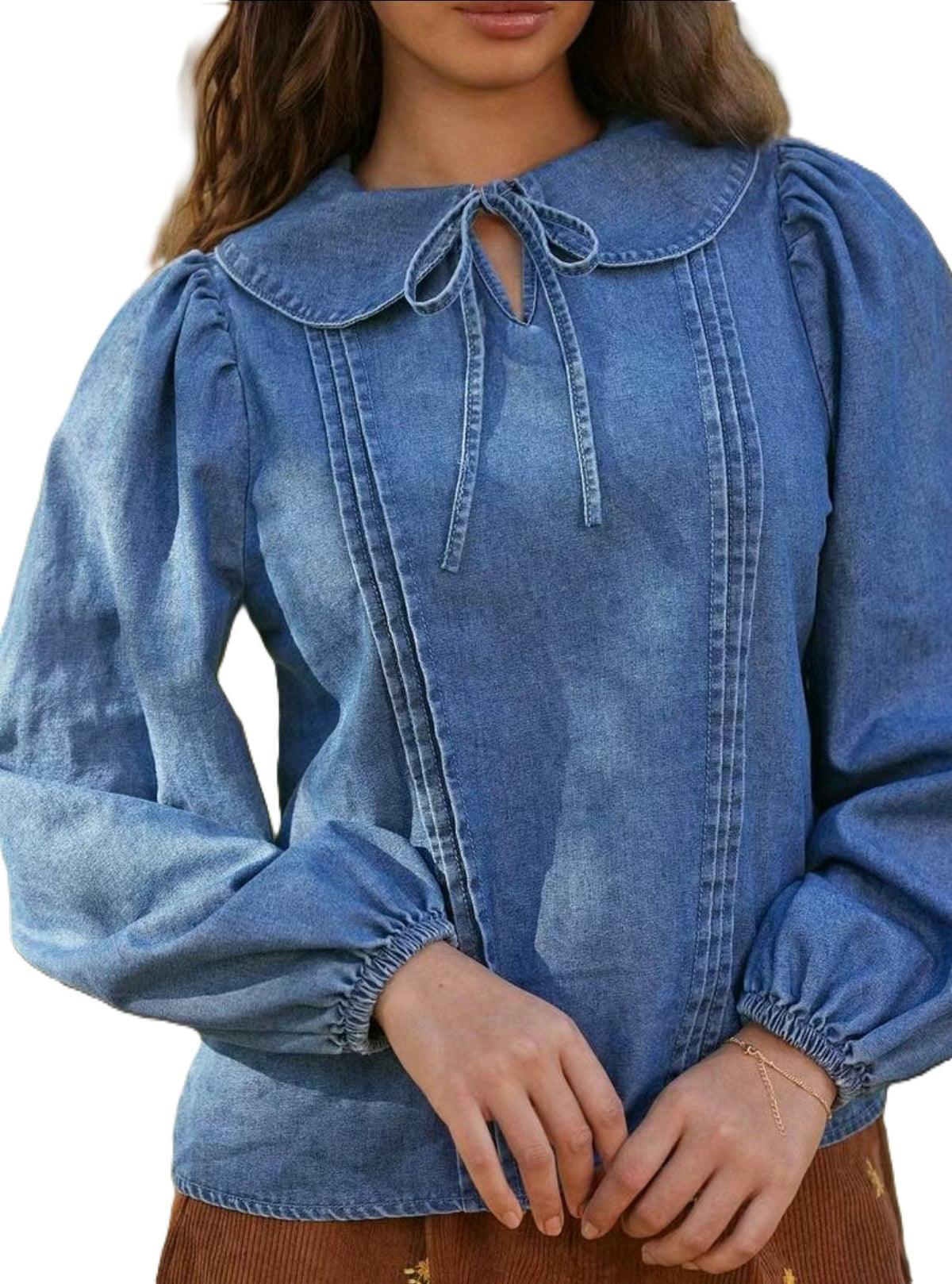 Denim Puff Sleeve Blouse With Pintucks - Blue - 1