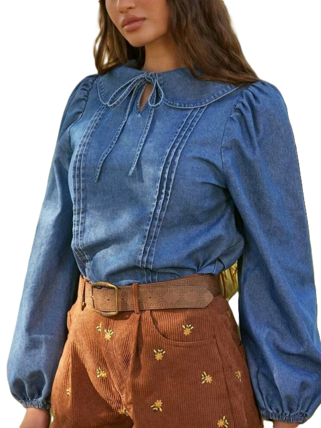 Denim Puff Sleeve Blouse With Pintucks - Blue - 2