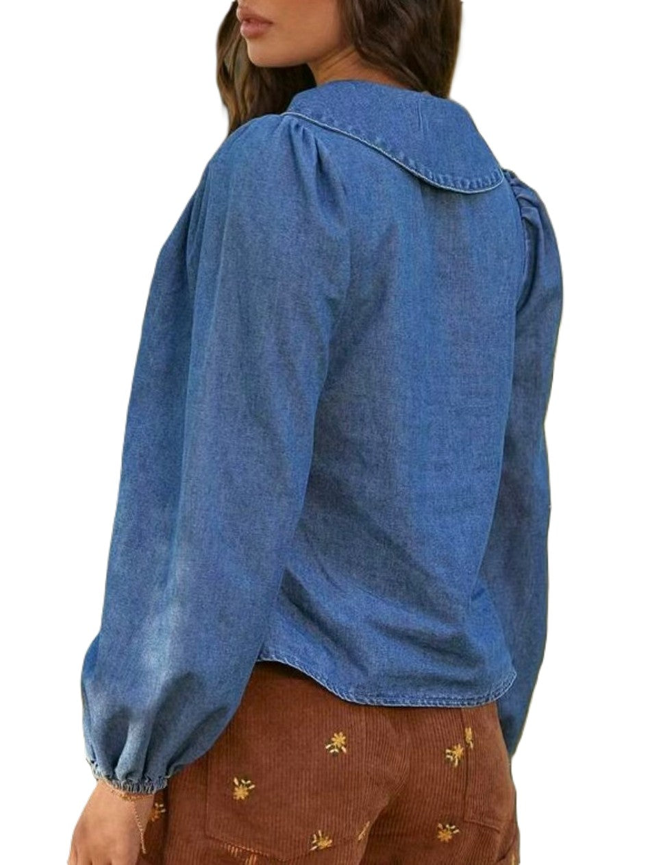 Denim Puff Sleeve Blouse With Pintucks - Blue - 3