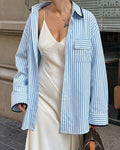 Blue Stripe Boyfriend Shirt With Contrast Collar - Blue