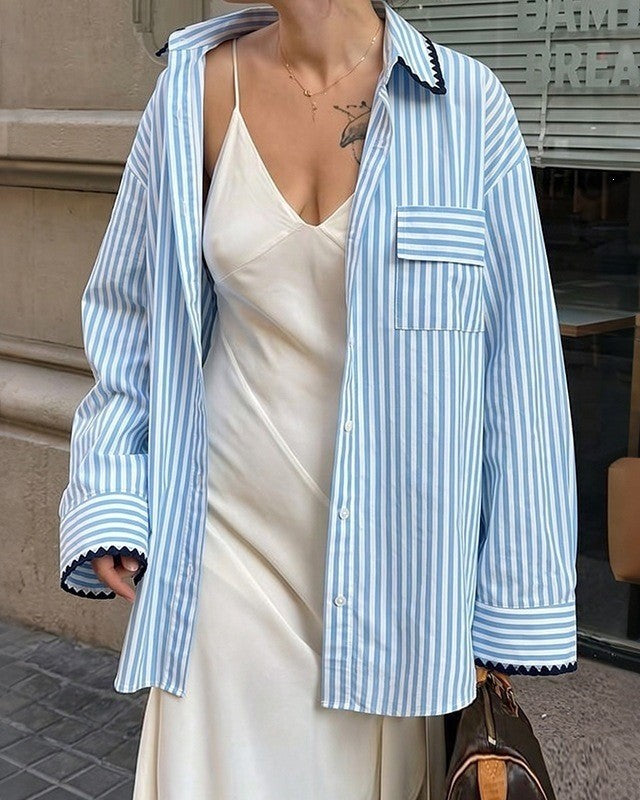 Blue Stripe Boyfriend Shirt With Contrast Collar - Blue