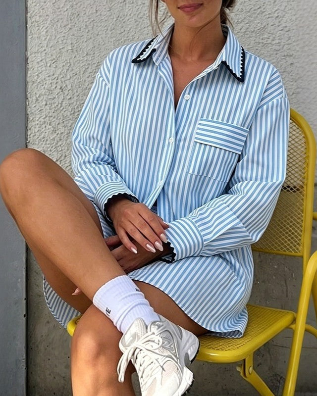 Blue Stripe Boyfriend Shirt With Contrast Collar - Blue - 1