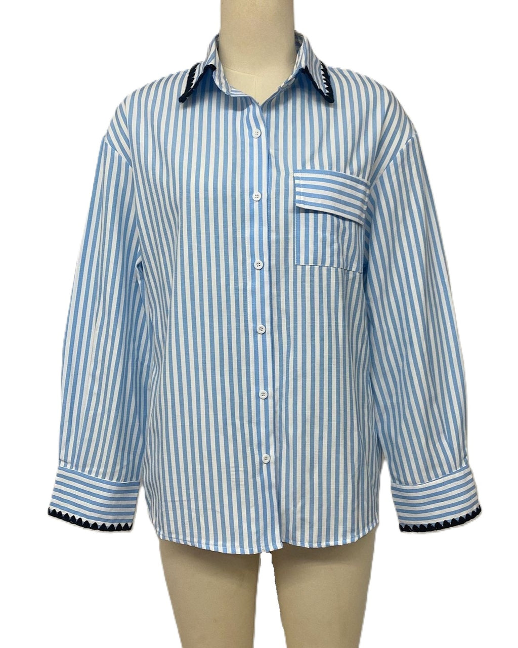 Blue Stripe Boyfriend Shirt With Contrast Collar - Blue - 2