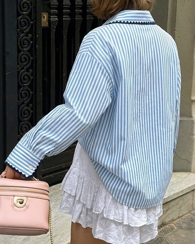 Blue Stripe Boyfriend Shirt With Contrast Collar - Blue - 3