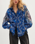 Boho Paisley Print Oversized Button Up Blouse - Blue