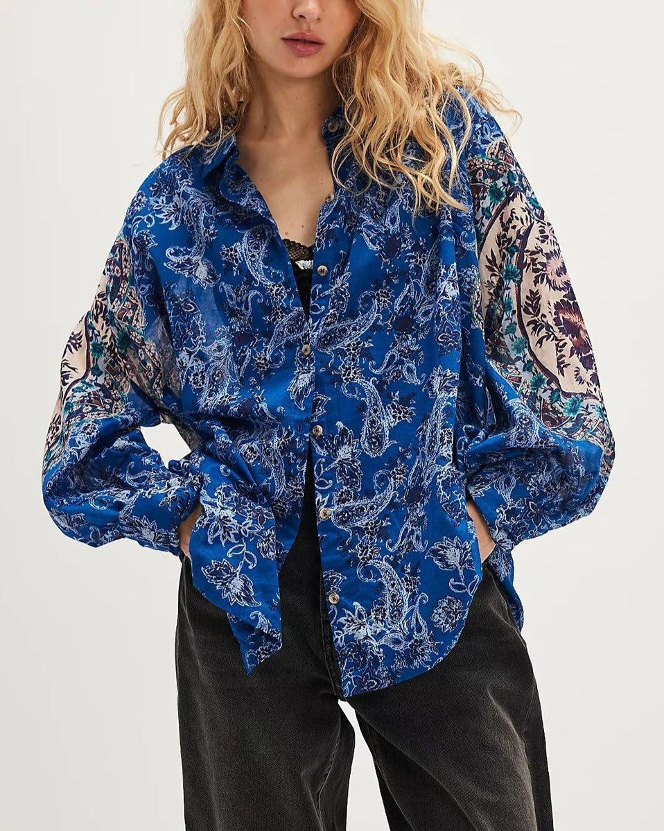 Boho Paisley Print Oversized Button Up Blouse - Blue