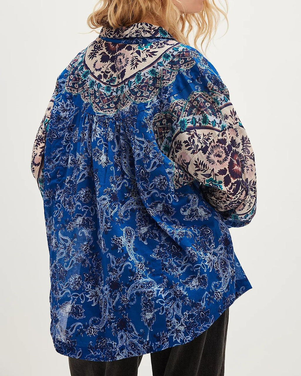 Boho Paisley Print Oversized Button Up Blouse - Blue - 1