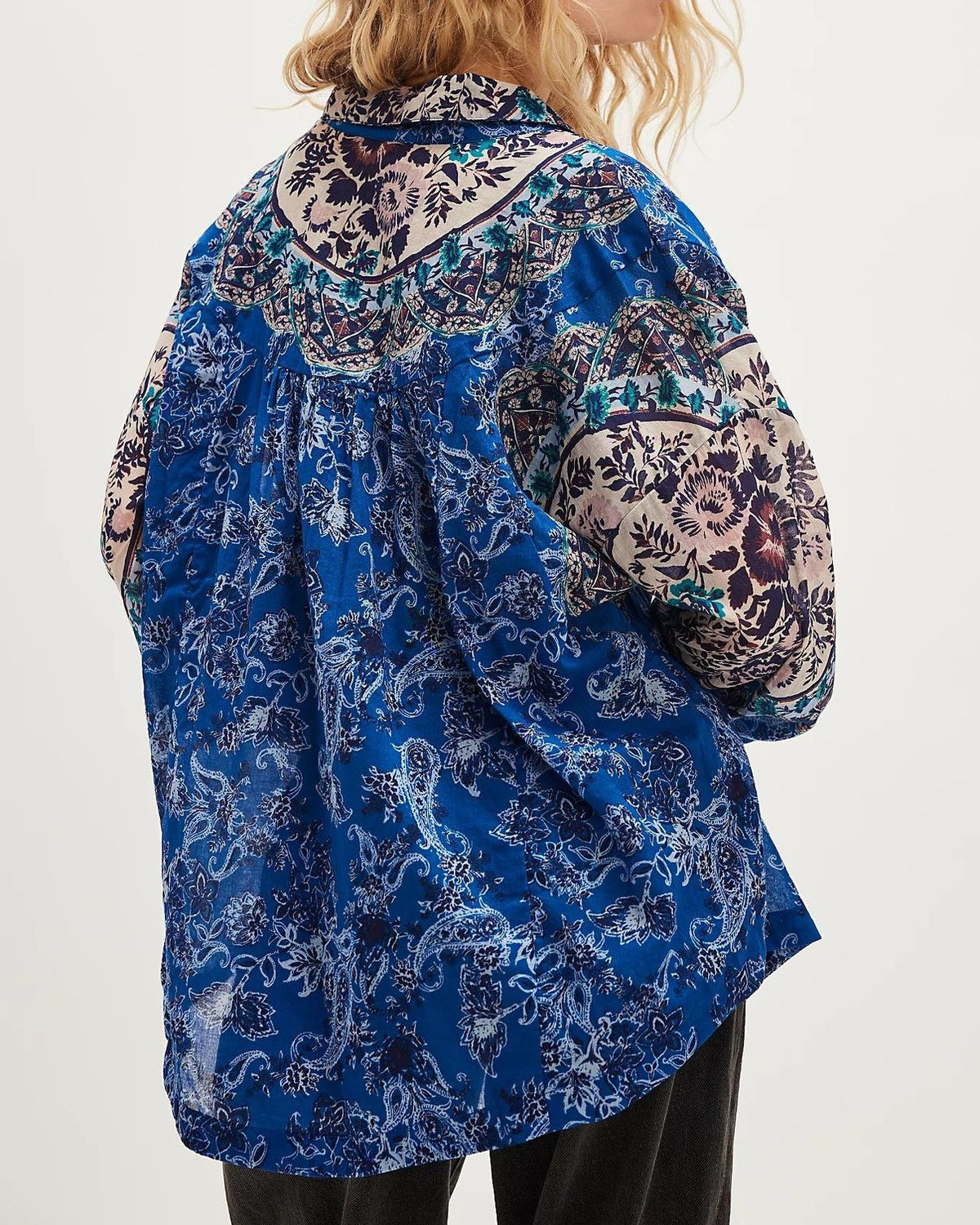 Boho Paisley Print Oversized Button Up Blouse - Blue - 1