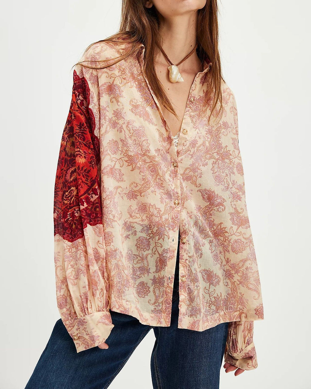 Boho Paisley Print Oversized Button Up Blouse - Red