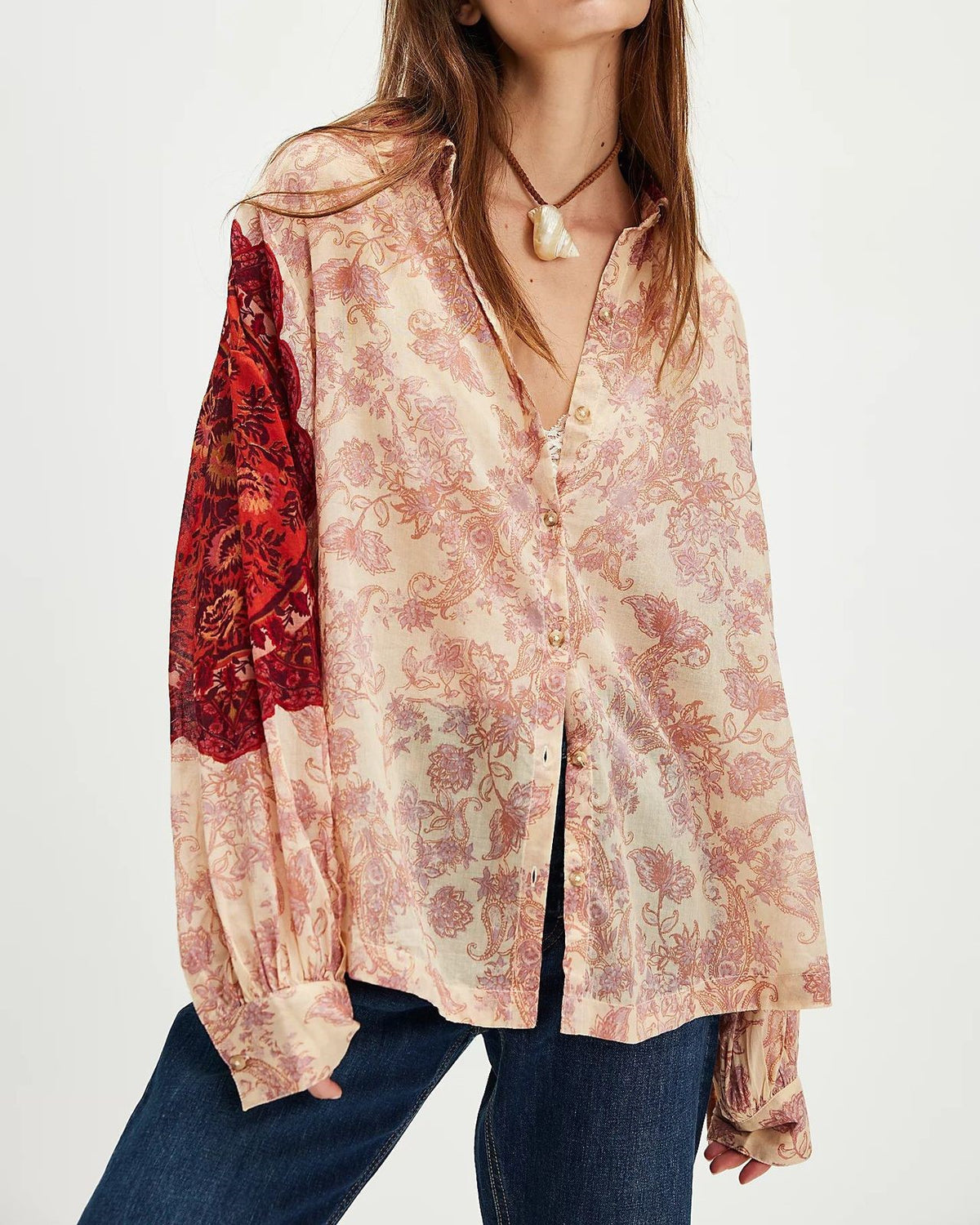 Boho Paisley Print Oversized Button Up Blouse - Red
