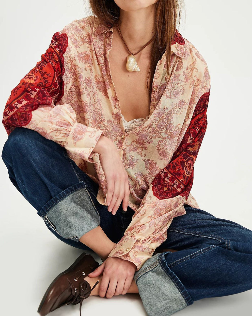Boho Paisley Print Oversized Button Up Blouse - Red - 1