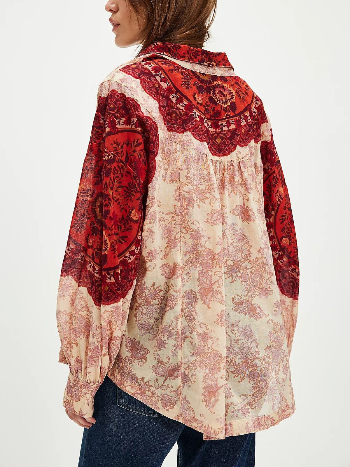 Boho Paisley Print Oversized Button Up Blouse - Red - 2