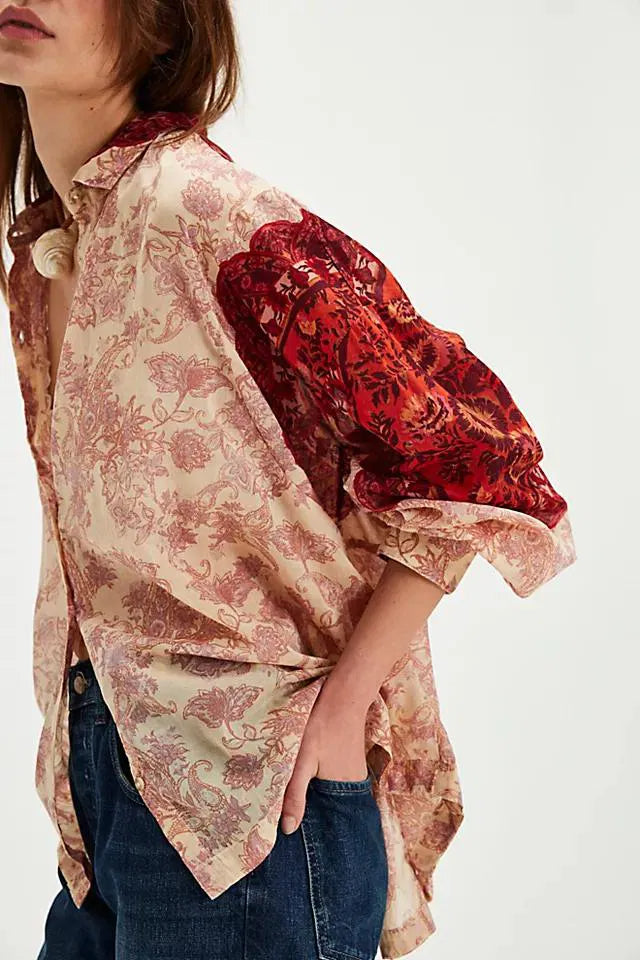 Boho Paisley Print Oversized Button Up Blouse - Red - 3
