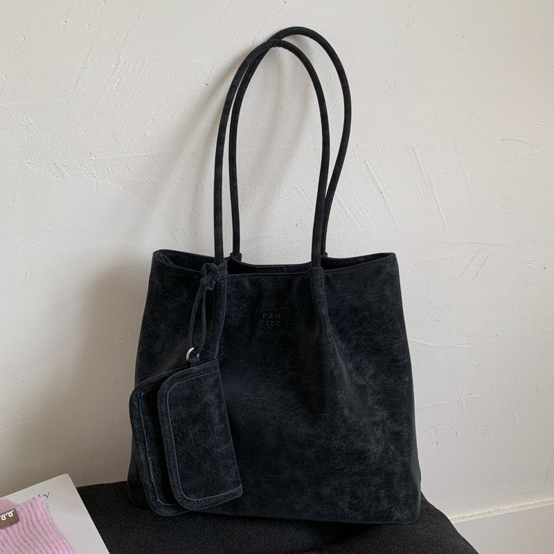 Suede Look Slouchy Tote Bag with Mini Pouch - Black