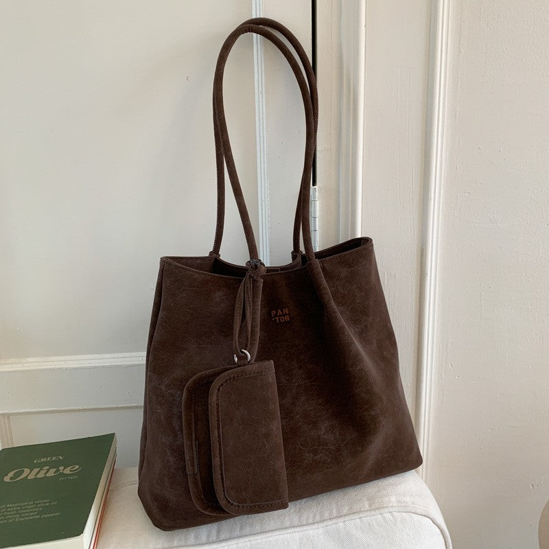 Suede Look Slouchy Tote Bag with Mini Pouch - Chocolate