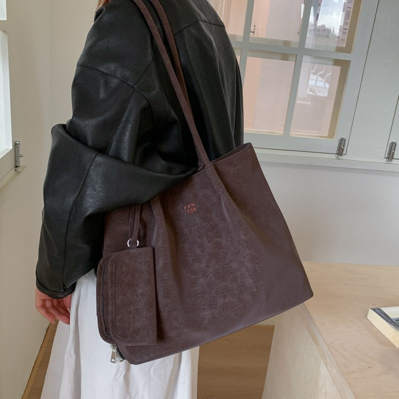 Suede Look Slouchy Tote Bag with Mini Pouch