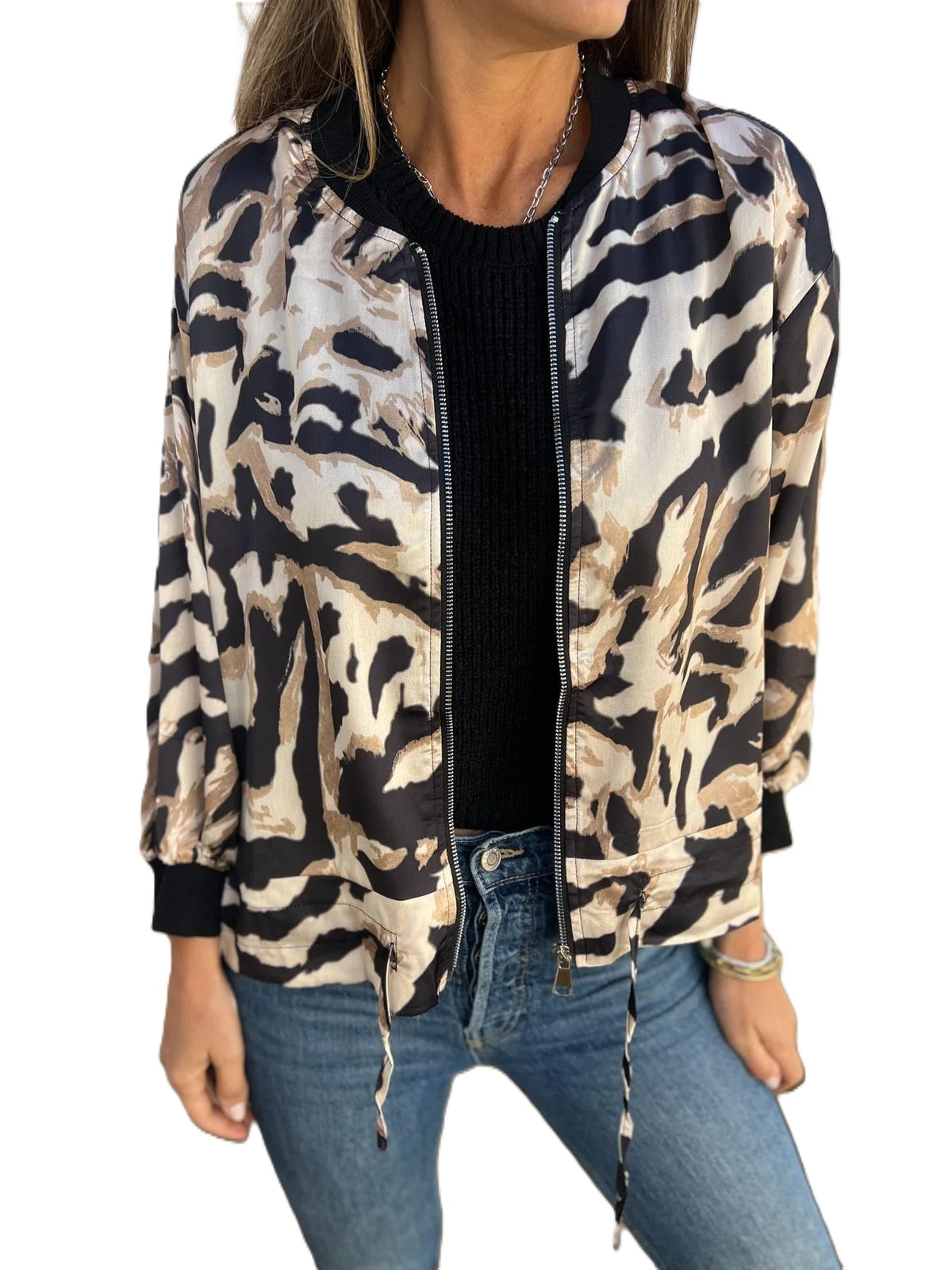Animal Print Zip Front Bomber Jacket - Beige