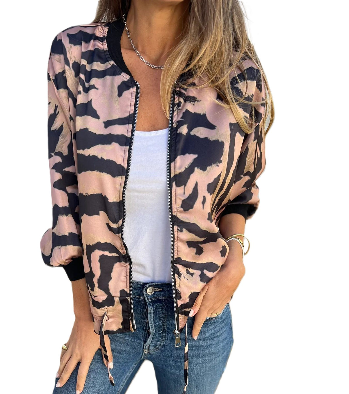 Animal Print Zip Front Bomber Jacket - Pink