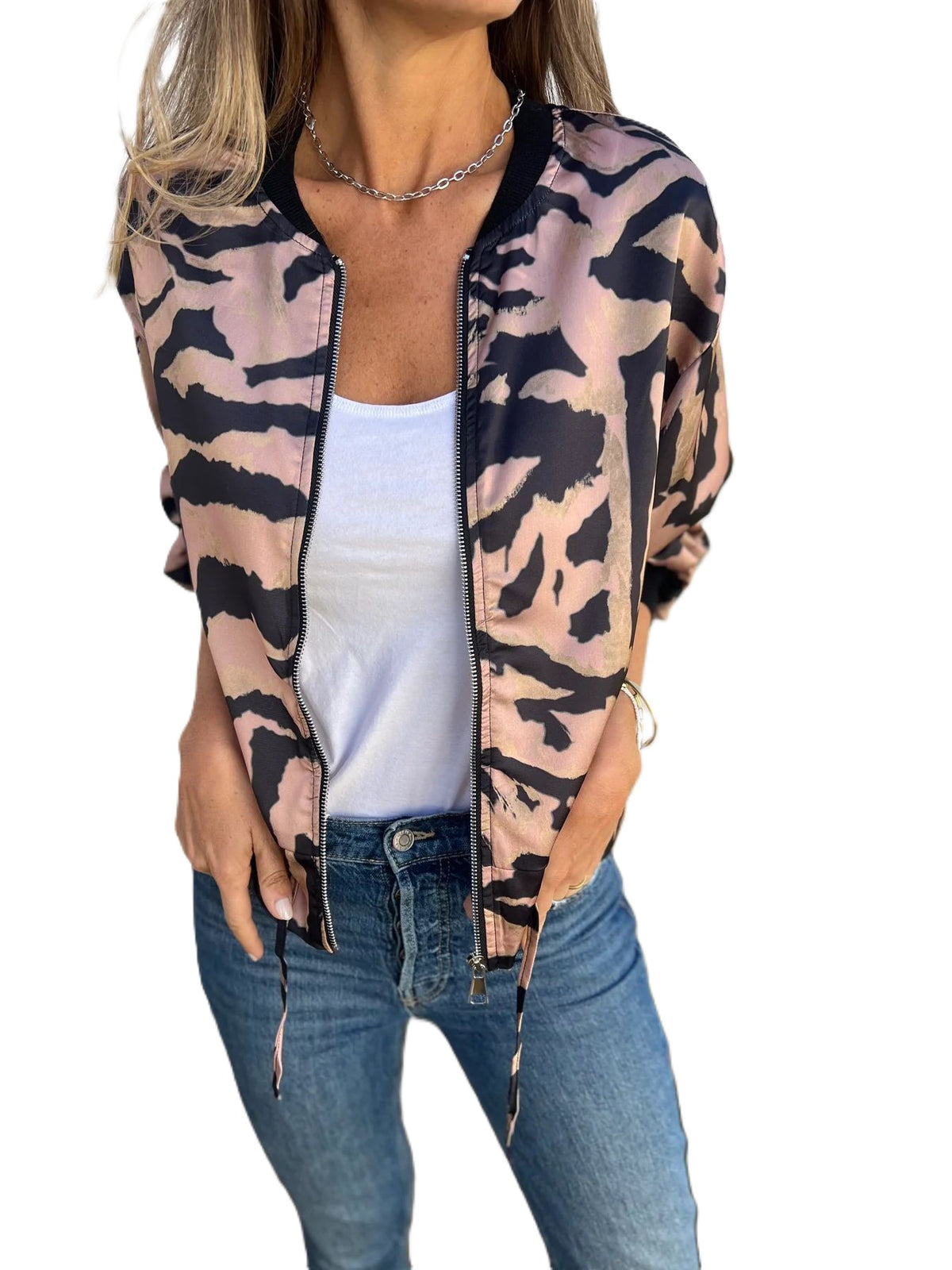 Animal Print Zip Front Bomber Jacket - view 1
