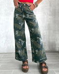 Camo Print Wide Leg Cuffed Jeans - Camo