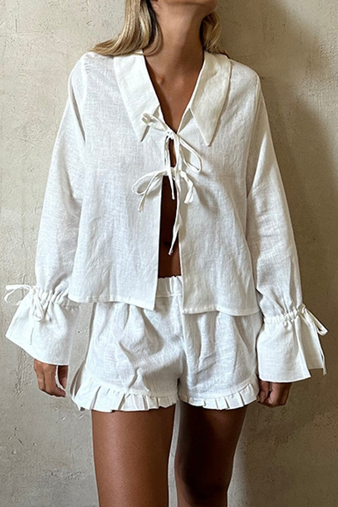 Cotton Bell Sleeve Blouse and Ruffle Shorts Set - white