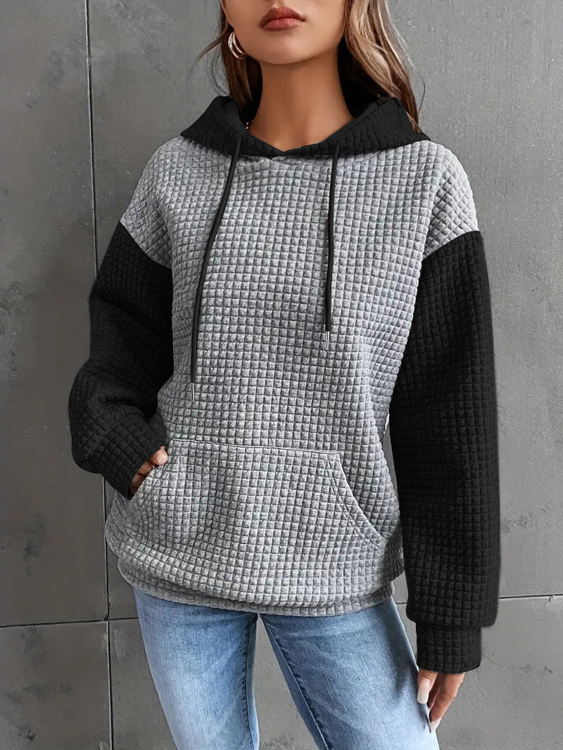 Waffle Knit Colorblock Kangaroo Pocket Hoodie - Bgray