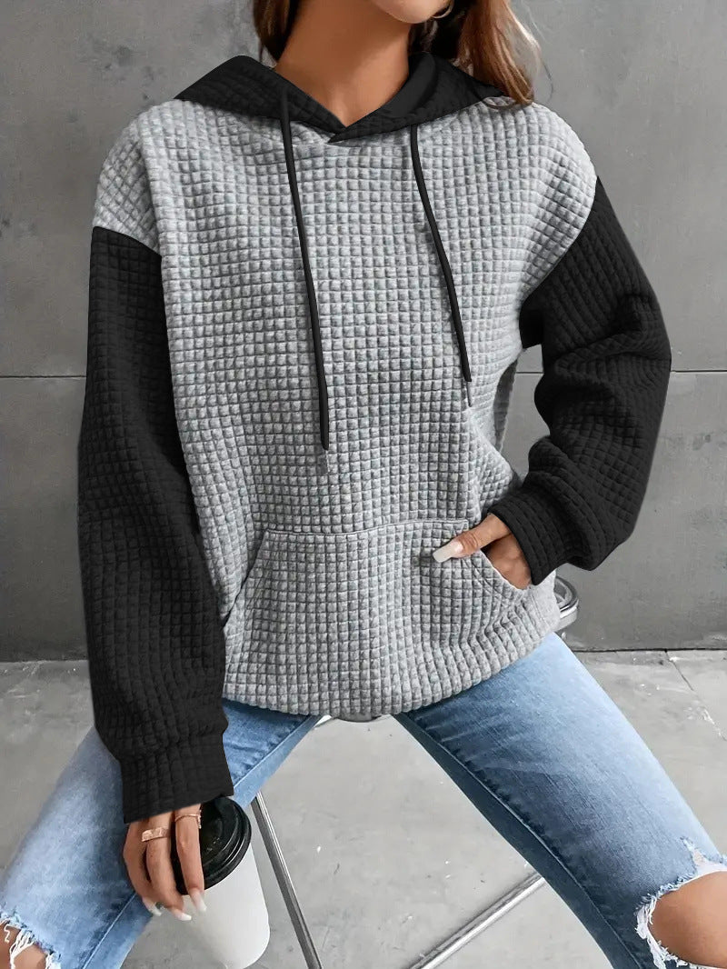Waffle Knit Colorblock Kangaroo Pocket Hoodie - Bgray - 2