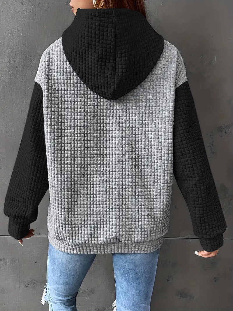 Waffle Knit Colorblock Kangaroo Pocket Hoodie - Bgray - 3