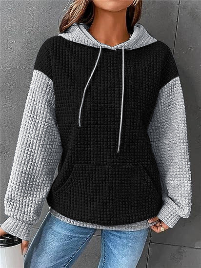 Waffle Knit Colorblock Kangaroo Pocket Hoodie - Black
