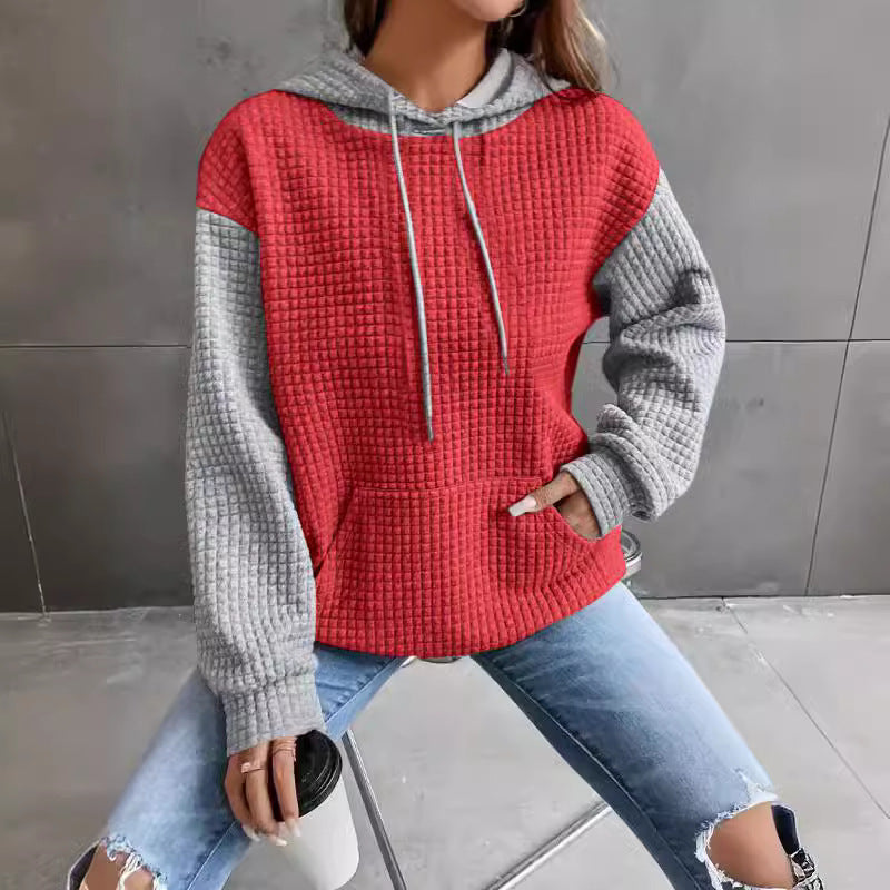 Waffle Knit Colorblock Kangaroo Pocket Hoodie - Red