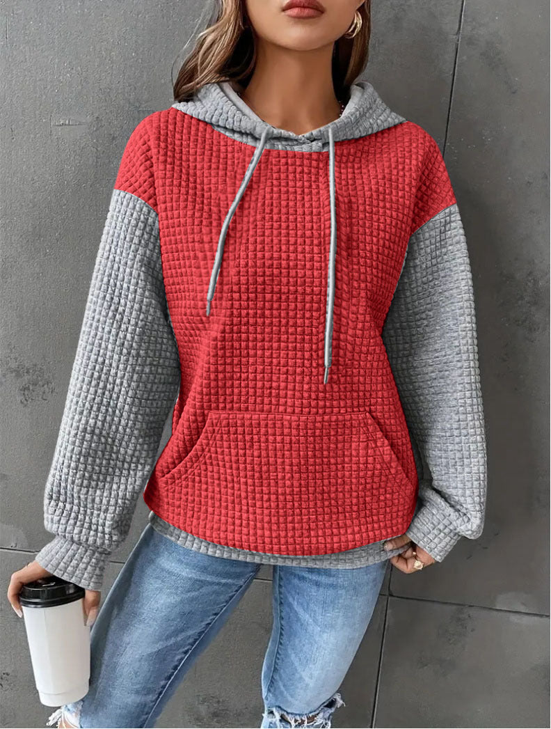 Waffle Knit Colorblock Kangaroo Pocket Hoodie - Red - 1