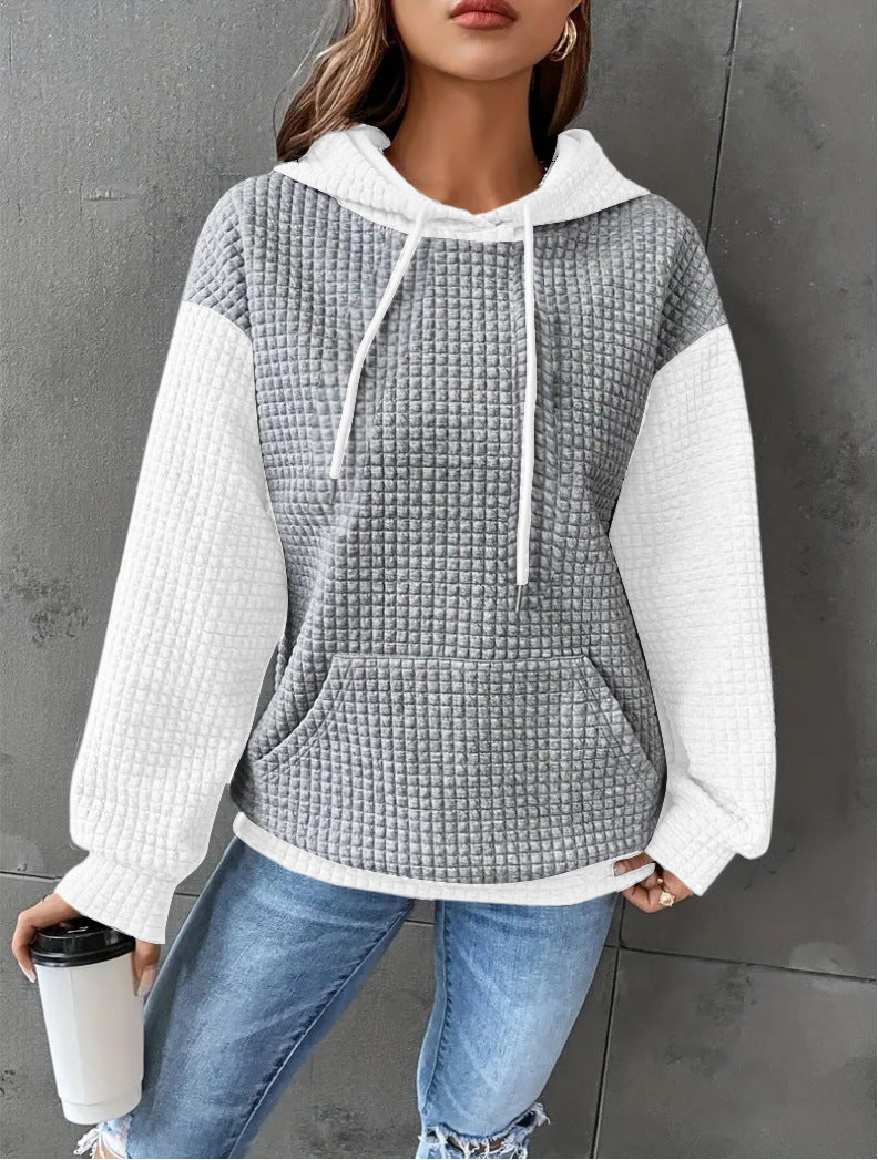 Waffle Knit Colorblock Kangaroo Pocket Hoodie - WGray