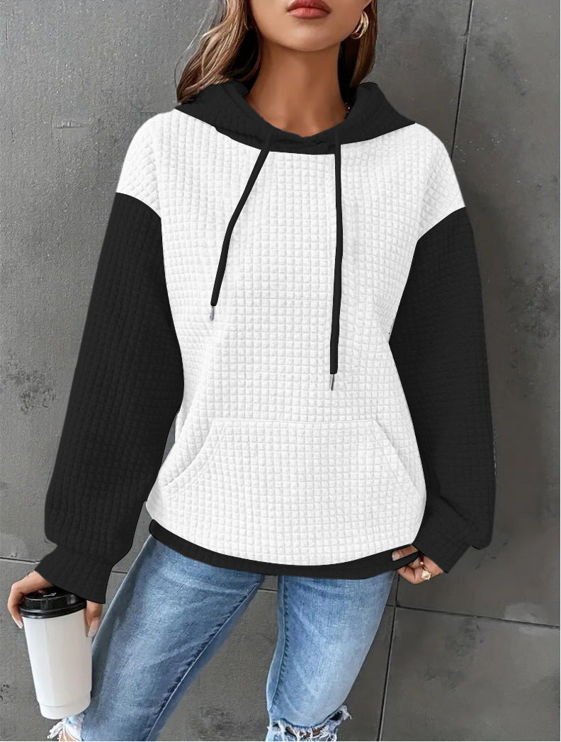 Waffle Knit Colorblock Kangaroo Pocket Hoodie - White