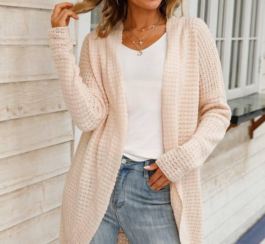 Waffle Knit Open Front Draped Cardigan - Apricot