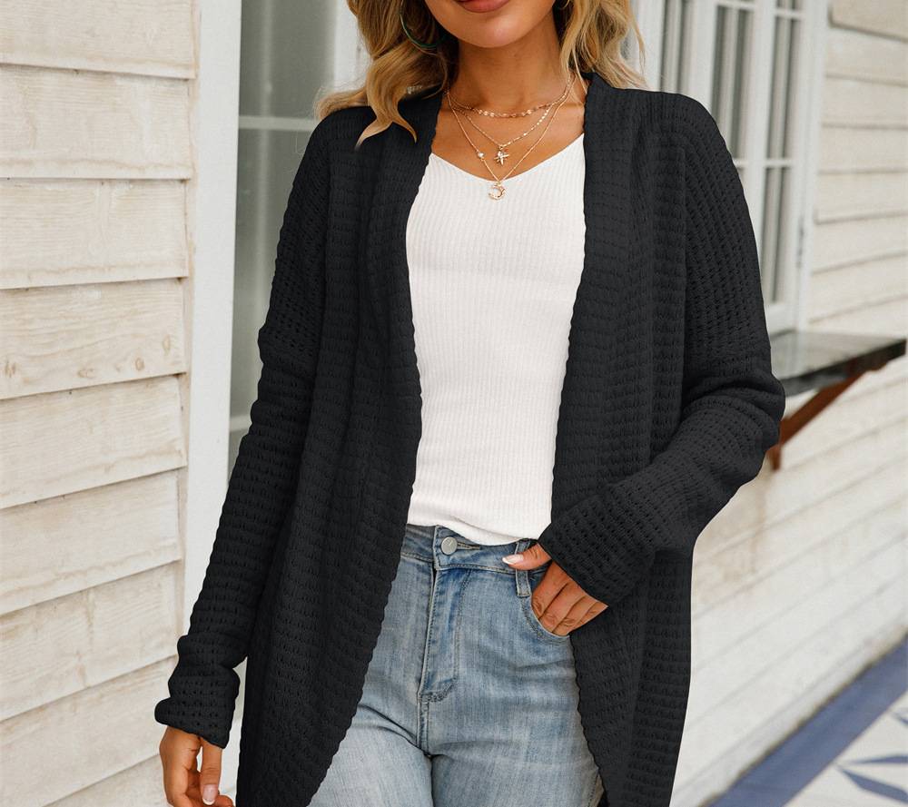 Waffle Knit Open Front Draped Cardigan - Black