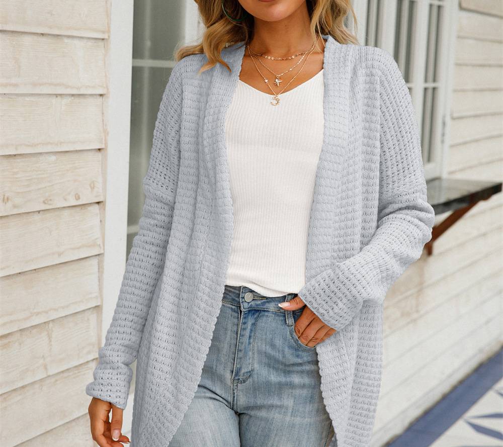 Waffle Knit Open Front Draped Cardigan - Gray